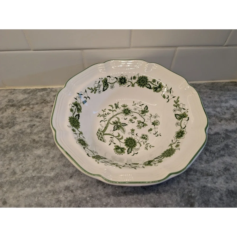 Transferware‎ Green & White Floral Round Vegetable Serving Bowl Korea 8